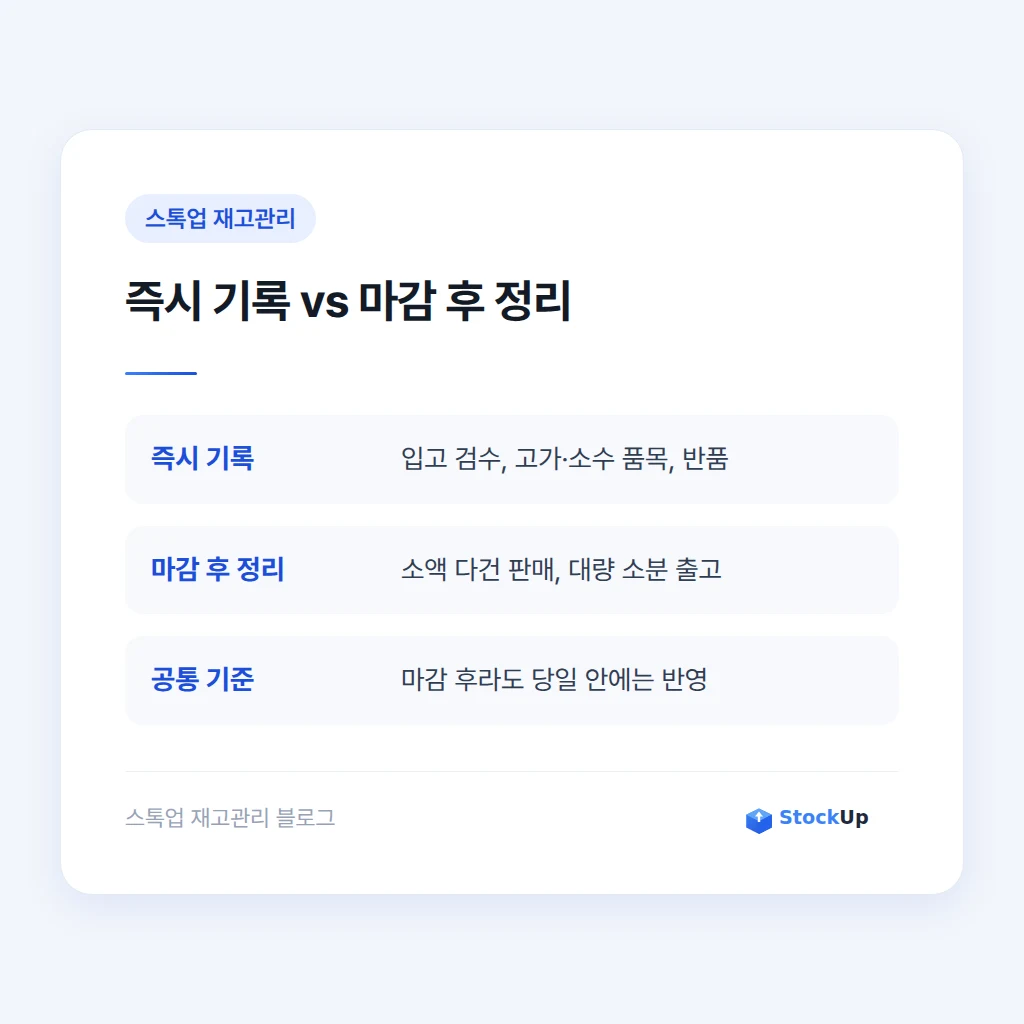 입출고 기록은 즉시 처리가 기본, 마감 후는 예외로